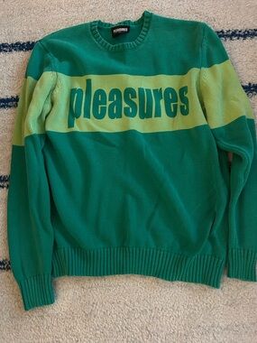 Pleasures Men's Green Striped Crewneck Sweater